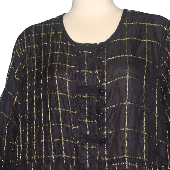 URU Black and Gold Silk Tunic Top Dress Button Front Lightweight Long Sleeves XL - Picture 2 of 11